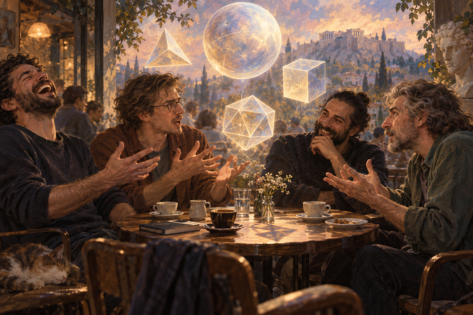Four men laughing and gesturing around coffee as luminous geometric forms float above their table in a dreamlike café.